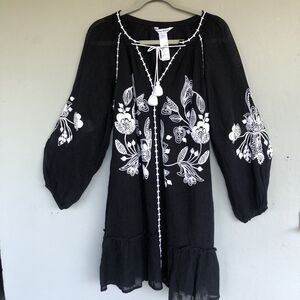 Tommy Bahama Linen Embroidered Dress S Black Gauze Tassel V Neck Coastal Boho
